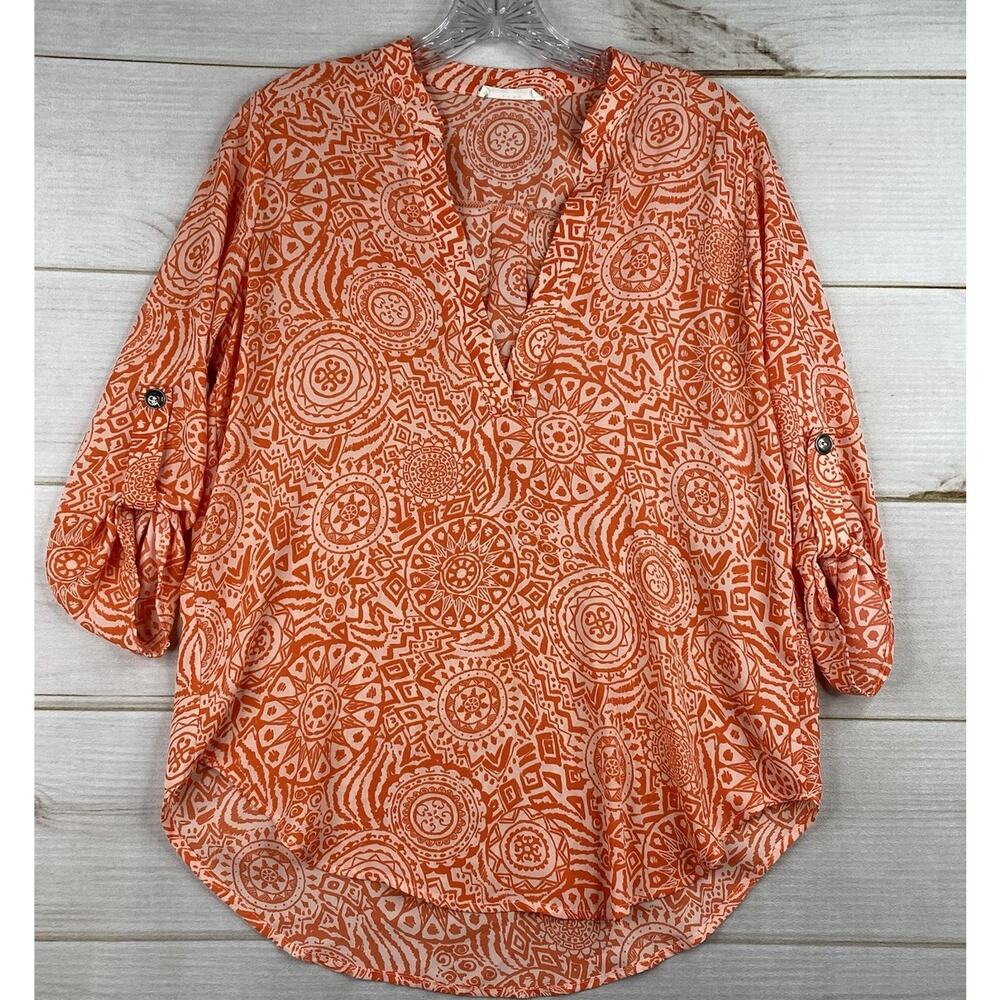 Lush Womens Top Sz S Orange Geometric Print Roll Up Sleeve V Neck Flowy Colorful